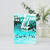 Aquarel Zeilboot Bomen & Lichtjes Bewaar de Datum Aankondigingskaart (Staand voorkant)
