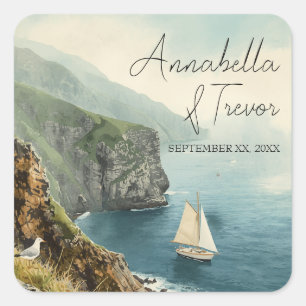 Aquarel Zeilboot en Kustkliffen Aangepaste Naam Vierkante Sticker