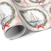 Aquarel Zeilboot In een Kerstkrans Cadeaupapier (Rol Hoek)