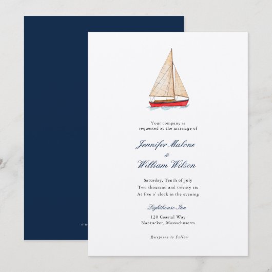 Aquarel zeilboot nautische trouwkaart kaart (Voorkant / Achterkant)