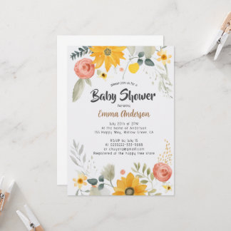 Aquarel Zonnebloem Baby Shower Uitnodiging