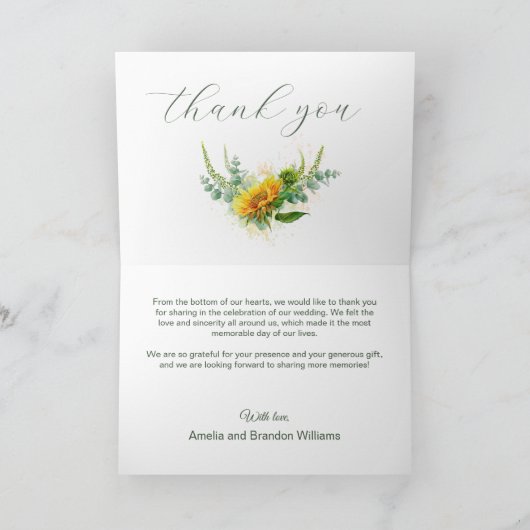 Aquarel Zonnebloem Rustieke Trouw Dankkaart Bedankkaart (Binnen)
