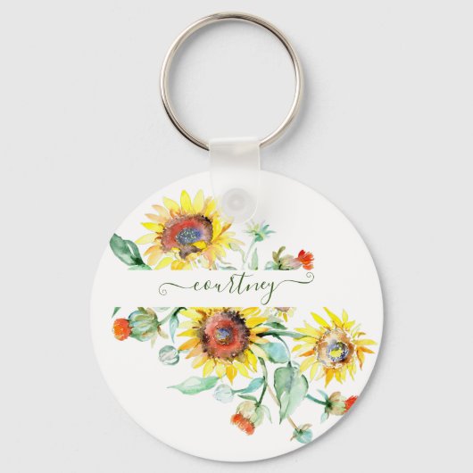 Aquarel zonnebloemen gepersonaliseerd sleutelhanger (Voorkant)