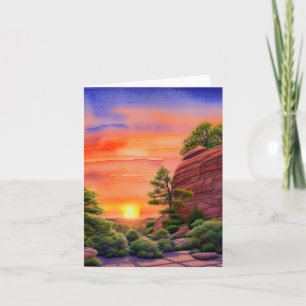 Aquarel zonsondergang en rode rotsen aanpasbaar kaart
