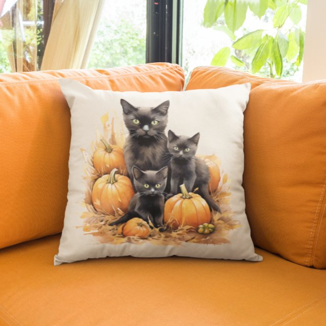 Aquarel Zwarte Kat en Kittens Pompoen Kussen (Creator heeft geüpload)