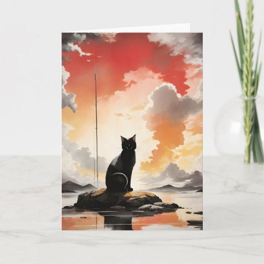 Aquarel Zwarte Kat op een Rots Portret Blanco Kaart (Voorkant)