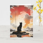 Aquarel Zwarte Kat op een Rots Portret Blanco Kaart (Gele Bloem)
