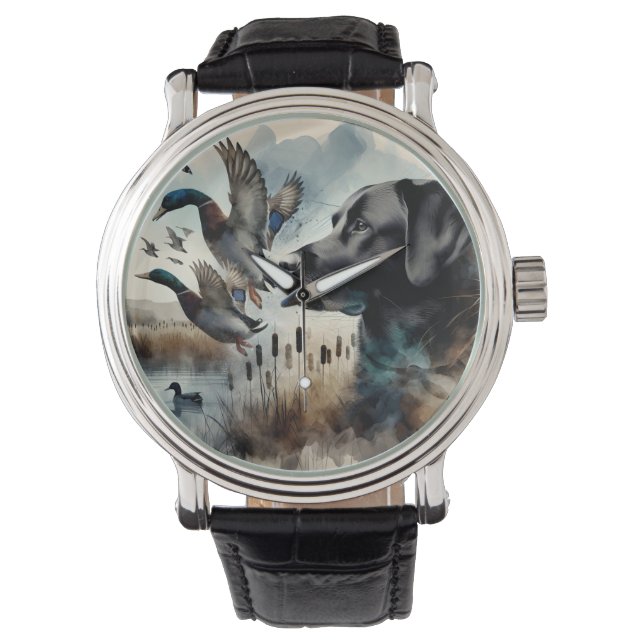 Aquarel Zwarte Labrador en Eenden Horloge (Voorkant)