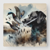 Aquarel Zwarte Labrador en Eenden Vierkante Klok (Voorkant)