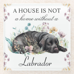 Aquarel Zwarte Labrador en Zomerbloemen Glazen Onderzetter