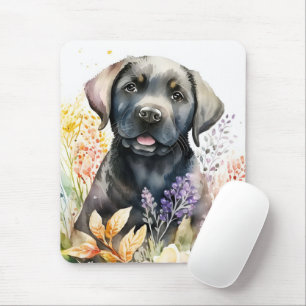 Aquarel Zwarte Labrador Retriever en Bloemen Muismat