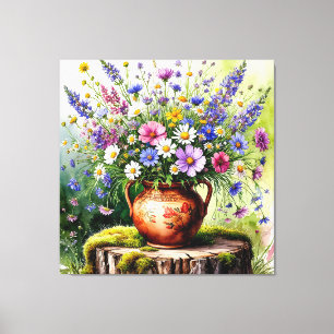 Aquarelboeket van wilde bloemen in vaas canvas afdruk