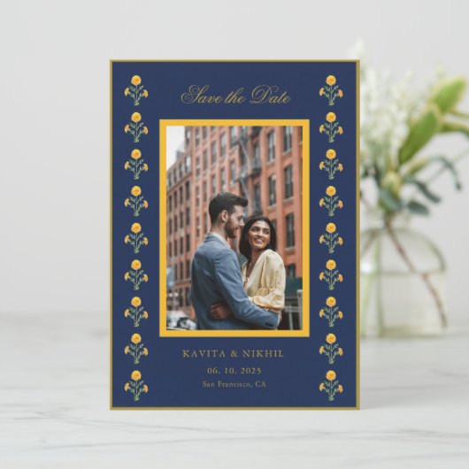 Aquarelflinterbloem Op Marine Foto Save the Date (Staand voorkant)