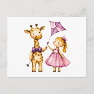 Aquarelillustratie van giraffe en meisje dat vlieg briefkaart