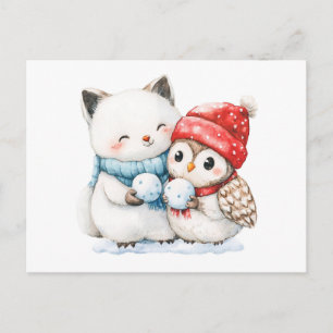 Aquarelillustratie van poolvos en uil met briefkaart