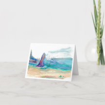 Aquarelkaart met golven die tegen de kust slaan