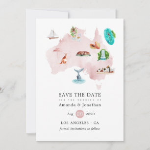 Aquarelkaart van Australië Bestemming Huwelijk Save The Date