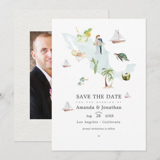 Aquarelkaart van Mexico Bestemming Trouwfoto Save The Date (Voorkant / Achterkant)