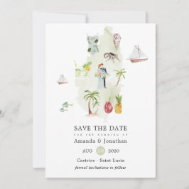 Aquarelkaart van Saint Lucia Bestemming Huwelijk Save The Date