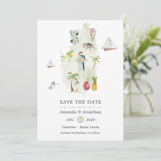 Aquarelkaart van Saint Lucia Bestemming Trouwen Save The Date (Staand voorkant)