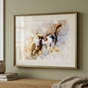 Aquarelkatten die elkaar knuffelen in zachte abstr foto afdruk