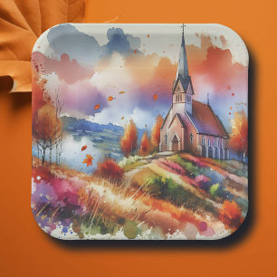 Aquarelkerk op een herfstdag papieren bordje
