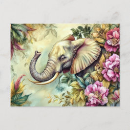 Aquarell Illustration eines Elefanten mit Blumen Briefkaart