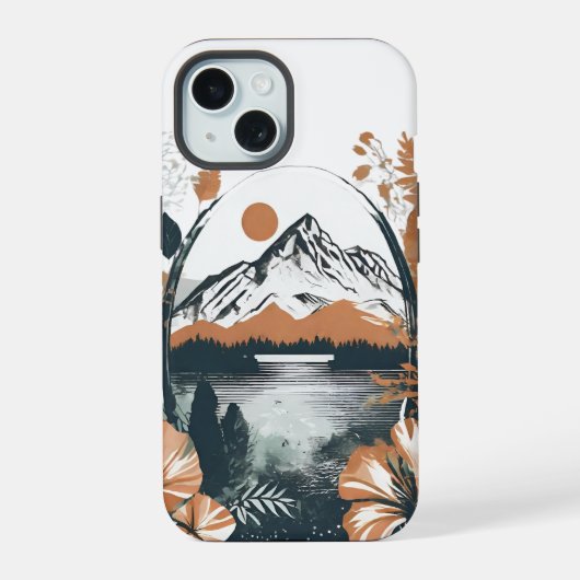 Aquarell Landschaftsbild, Berg vor idyllischem See iPhone 15 Case (Achterkant)