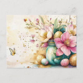 Aquarell Oster Postkarte mit Ostereiern und Blumen Briefkaart