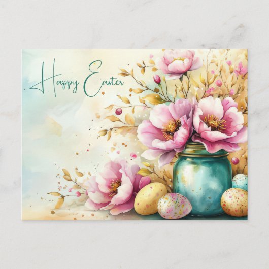 Aquarell Oster Postkarte mit Ostereiern und Blumen Briefkaart (Voorkant)