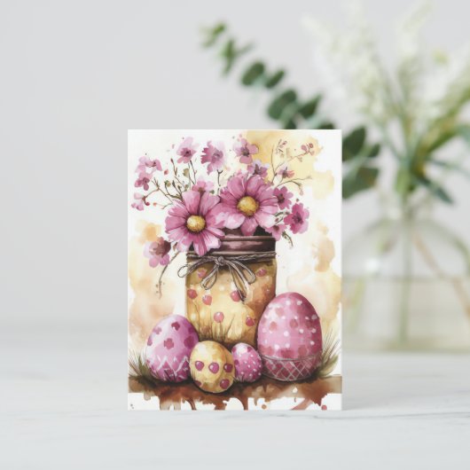 Aquarell Oster Postkarte mit Ostereiern und Blumen Briefkaart (Staand voorkant)
