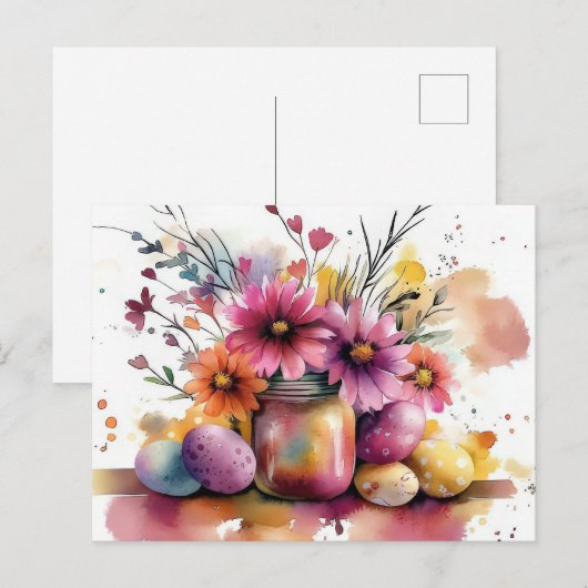 Aquarell Oster Postkarte mit Ostereiern und Blumen Briefkaart (Voorkant / Achterkant)