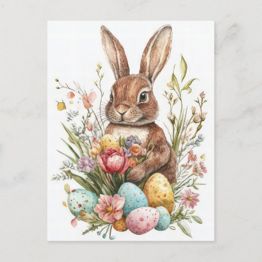 Aquarell Oster Postkarte mit Osterhase und Blumen Briefkaart (Voorkant)