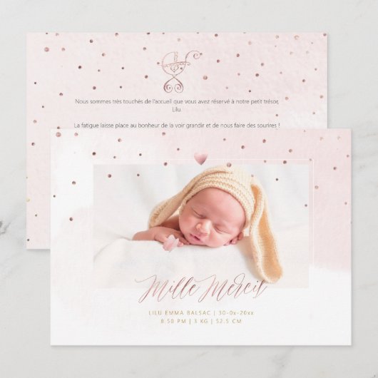 Aquarelle Confettis Remerciement Naissance Fille Kaart (Voorkant / Achterkant)