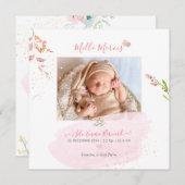 Aquarelle Fleurs Remerciement Naissance Fille Kaart (Voorkant / Achterkant)