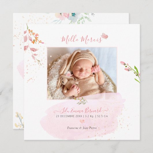 Aquarelle Fleurs Remerciement Naissance Fille Kaart (Voorkant / Achterkant)