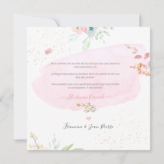 Aquarelle Fleurs Remerciement Naissance Fille Kaart (Achterkant)