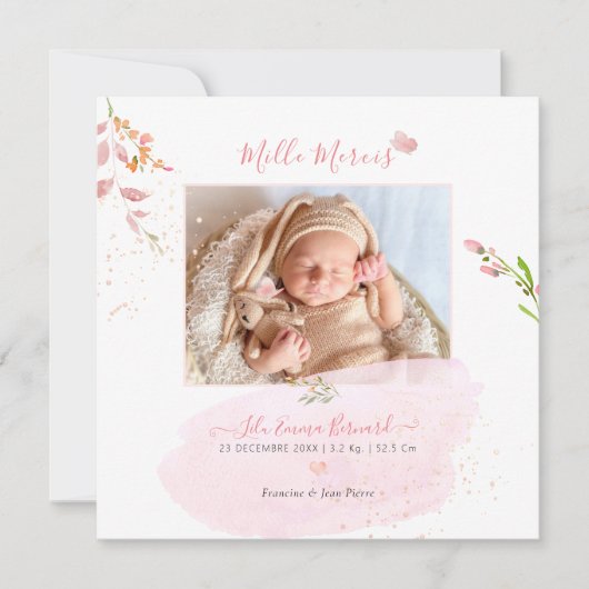 Aquarelle Fleurs Remerciement Naissance Fille Kaart (Voorkant)