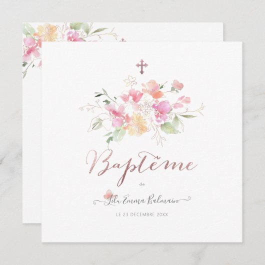 Aquarelle Fluers de Pois Faire-part de Baptême Kaart (Voorkant / Achterkant)