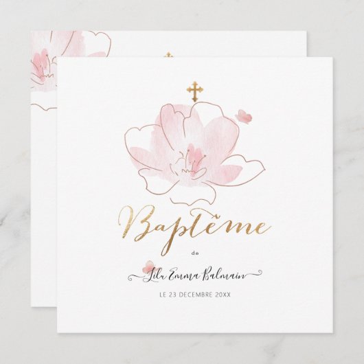 Aquarelle Les Fluers Faire part de Baptême Kaart (Voorkant / Achterkant)