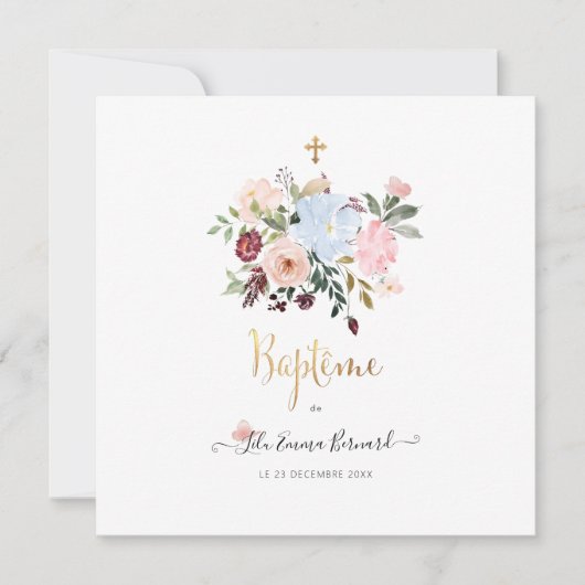 Aquarelle Petites Fluers Faire-part de Baptême Kaart (Voorkant)