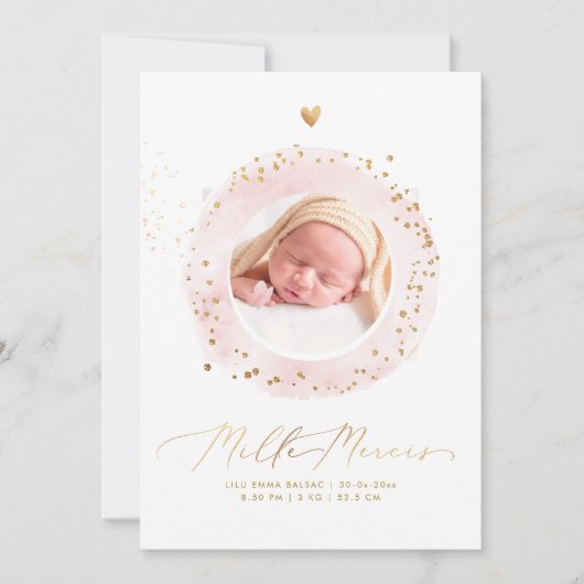 Aquarelle Remerciement Naissance Fille Kaart (Voorkant)