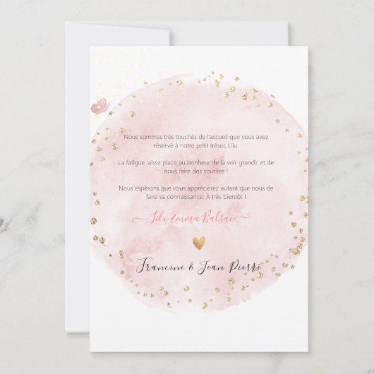 Aquarelle Remerciement Naissance Fille Kaart (Achterkant)