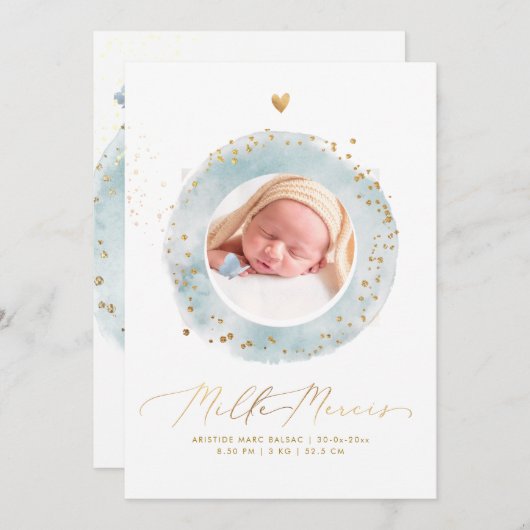 Aquarelle Remerciement Naissance Fille Kaart (Voorkant / Achterkant)