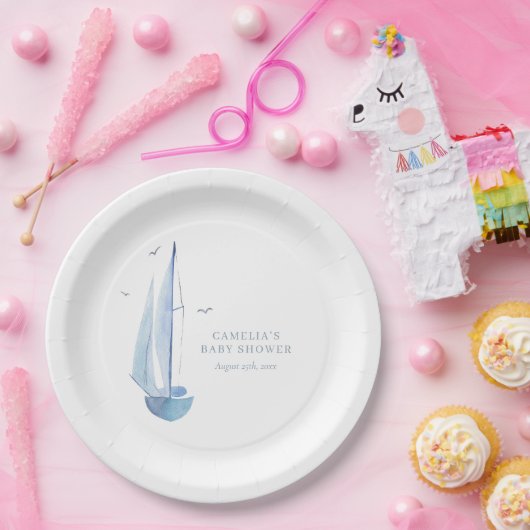 Aquarelle Sailboat Baby shower Ahoy Boy's Welkom Papieren Bordje (Feest)