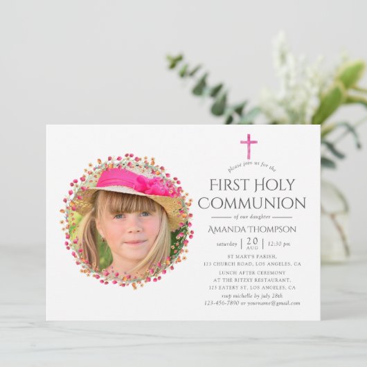 Aquarelle Wildflower First Heilige Communie Kaart (Staand voorkant)