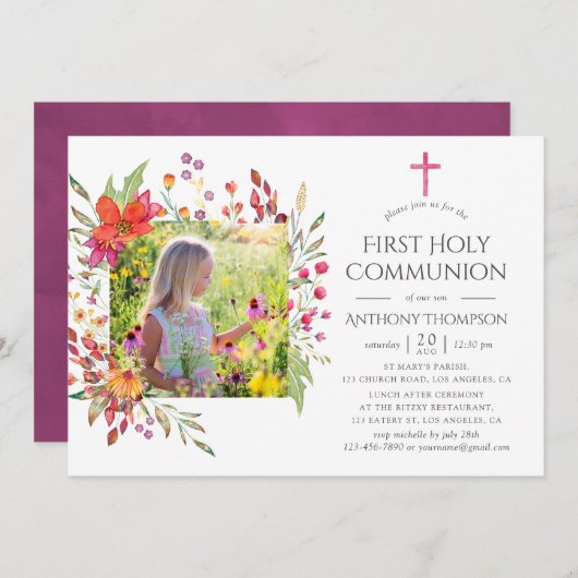 Aquarelle Wildflower First Heilige Communie Kaart (Voorkant / Achterkant)