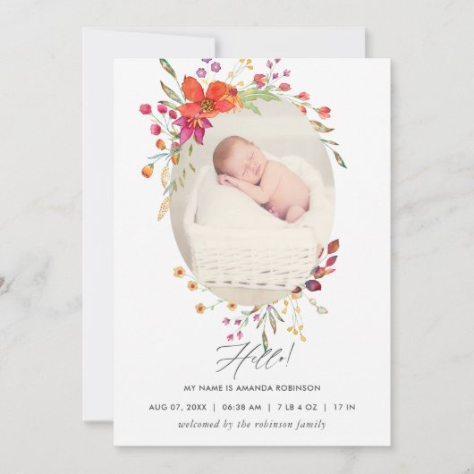 Aquarelle Wildflower Geboortedatum Fotokaart Aankondiging (Voorkant)