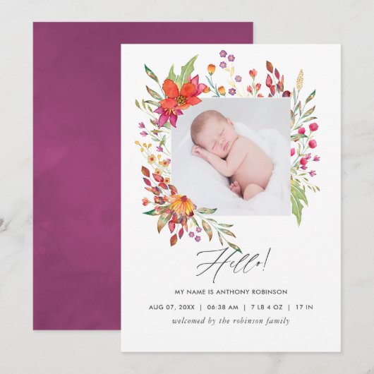 Aquarelle Wildflower Geboortedatum Fotokaart Aankondiging (Voorkant / Achterkant)