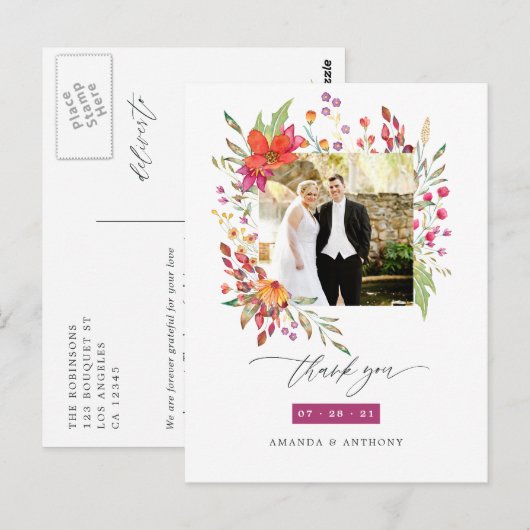 Aquarelle Wildflower Weddenfoto Hartelijk dank Briefkaart (Voorkant / Achterkant)